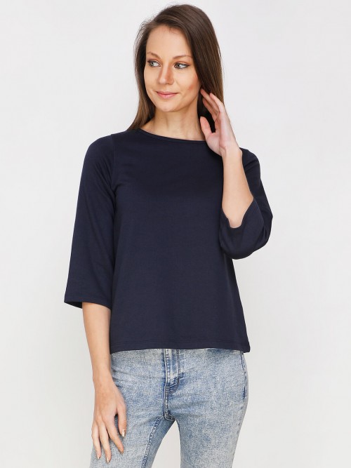 Navy Round Neck Classic Customized T-Shirt Front Pocket Design | Women